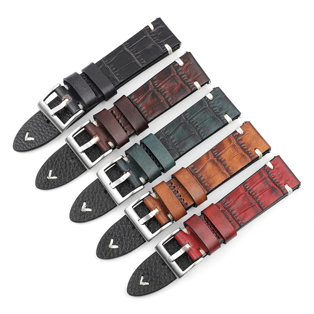 Bracelet de montre en cuir véritable, 18mm, 20mm, 22mm, 24mm, couture faite à la main, bracelet de montre Vintage en Alligator, remplacement pour ceintures pour hommes