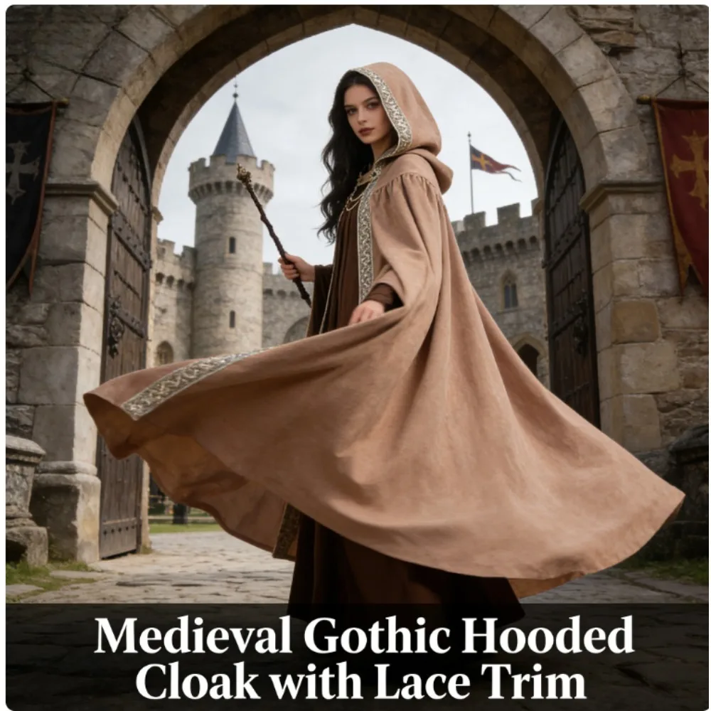 

Плащ для косплея на Хэллоуин, готический, с капюшоном, с поясом-завязками, винтажный костюм эпохи Возрождения