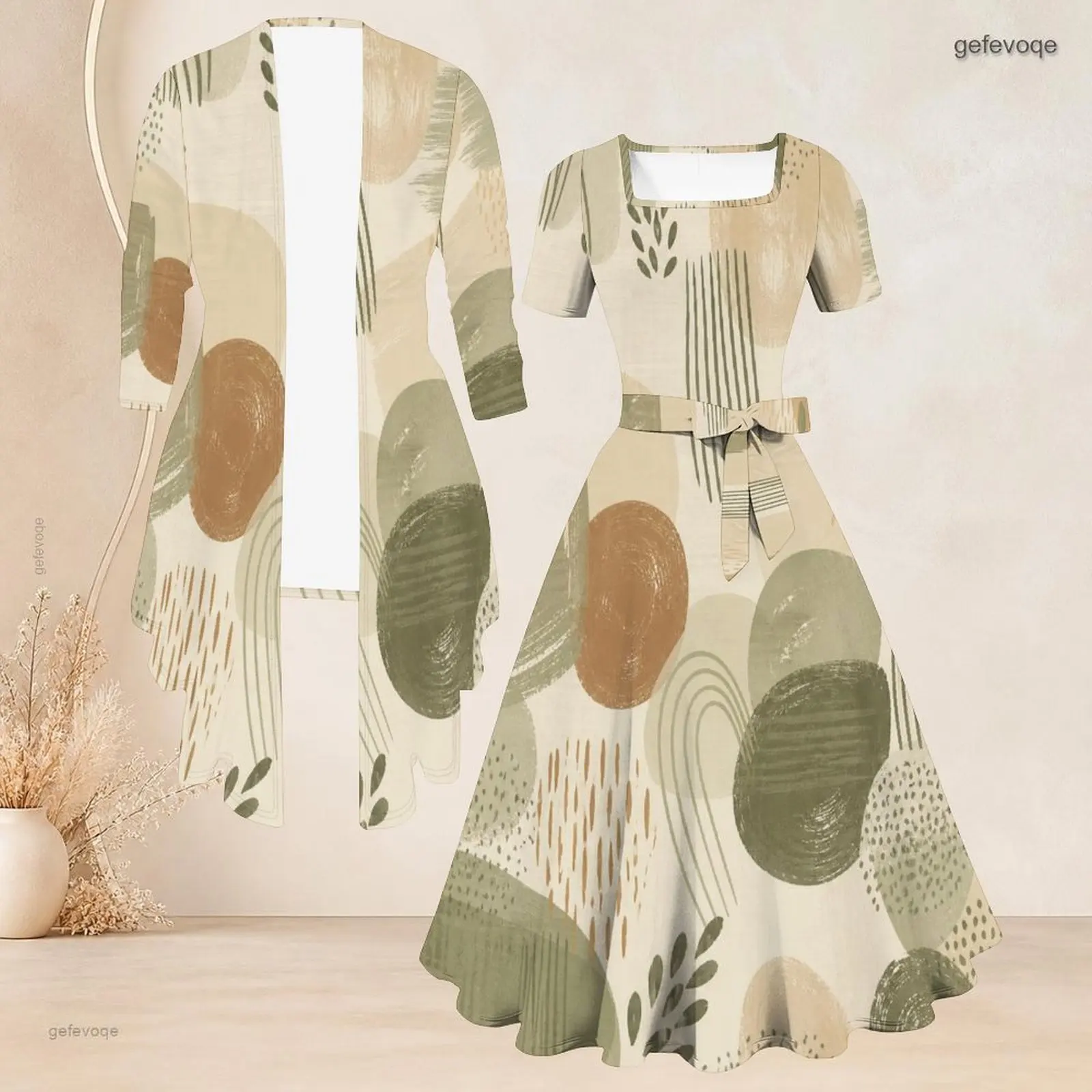 Women Long Sleeve Cardigan Short Sleeve Tie Waist Flared Dress Two Piece Printed Dress Set