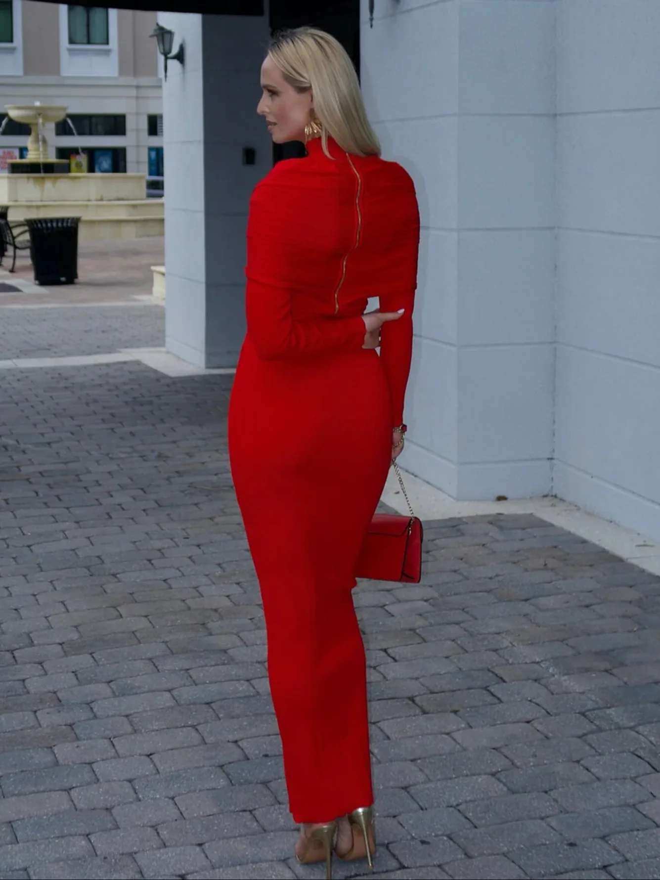 عالية الجودة المرأة الأحمر ضمادة فستان طويل مثير عالية الرقبة شال نمط طويل الأكمام مطوي المشاهير نادي فستان الحفلات Vestidos #5