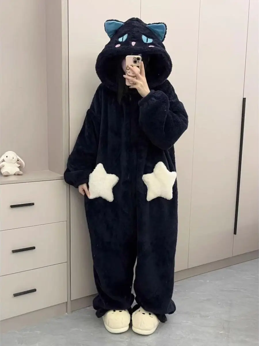 plus Size 300 Pou Winter Onesie Women's Coral Fce Thiened Home Clothes Set Adorable Cartoon Print High Waist Long Pants