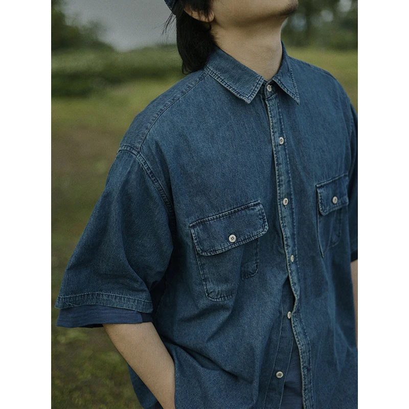 

Blue Vintage Washed Loose Men's Short Sleeve Shirt American Workwear Style Trendy Casual Shirt Short T-Shirt for Youth
