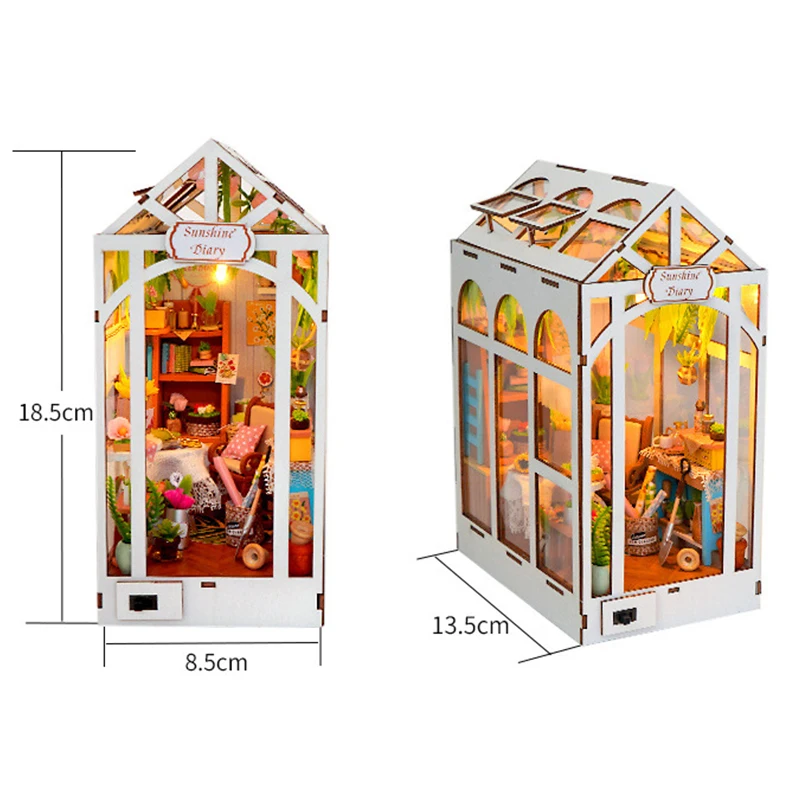 Kit Model Miniatur Kayu DIY Book Nook Sunshine Diary Bookend Puzzle 3D dengan Lampu LED Rak Buku untuk Hadiah Ulang Tahun Teman
