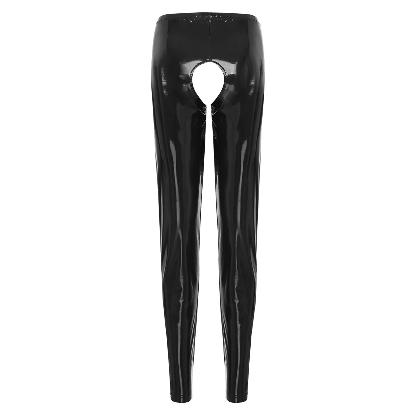 Womens Glossy Patent Leather Crotchless Pants Elastic Waistband Leggings High Waist Slim Fit Long Pants Pole Dancing Clubwear