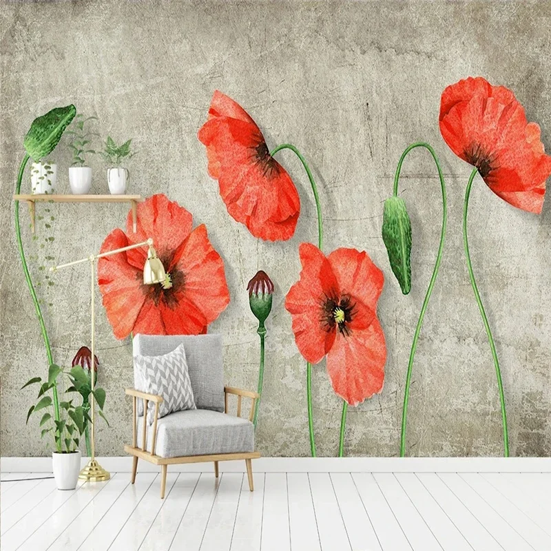 European Style 3D Stereo Oil Painting Red Poppies Wallpapers Living Room Sofa TV Wall Decor Mural Fresco Papel Pintado Pared