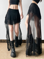 Rockmore Mesh Patchwork Asymmetric Pleated Skirts Goth Streetwear Dark Academic Mini Skirt Women Grunge Fairycore Clothing 2024