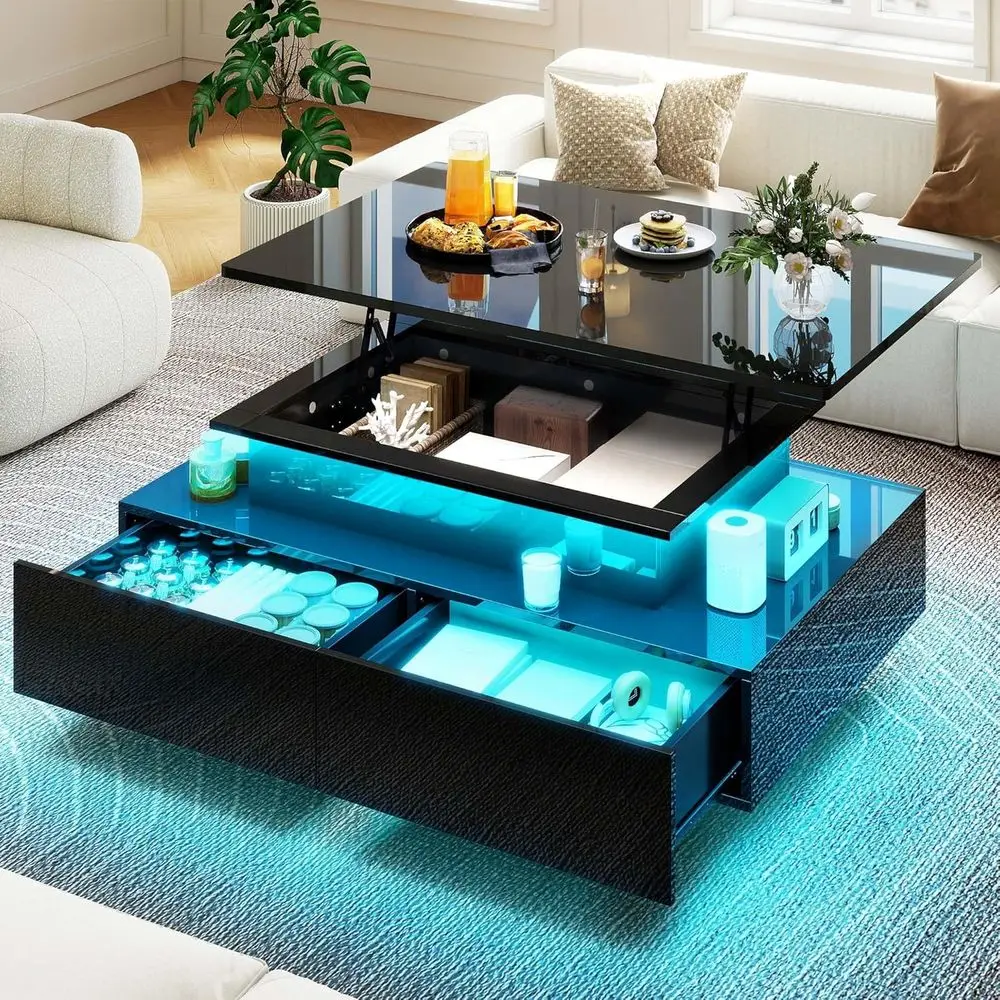 

LED Lit Top Coffee Tables or Living Room, Regular Coffee Table with 4 Spacious Drawers, Center Table with Lighting Top or Home D