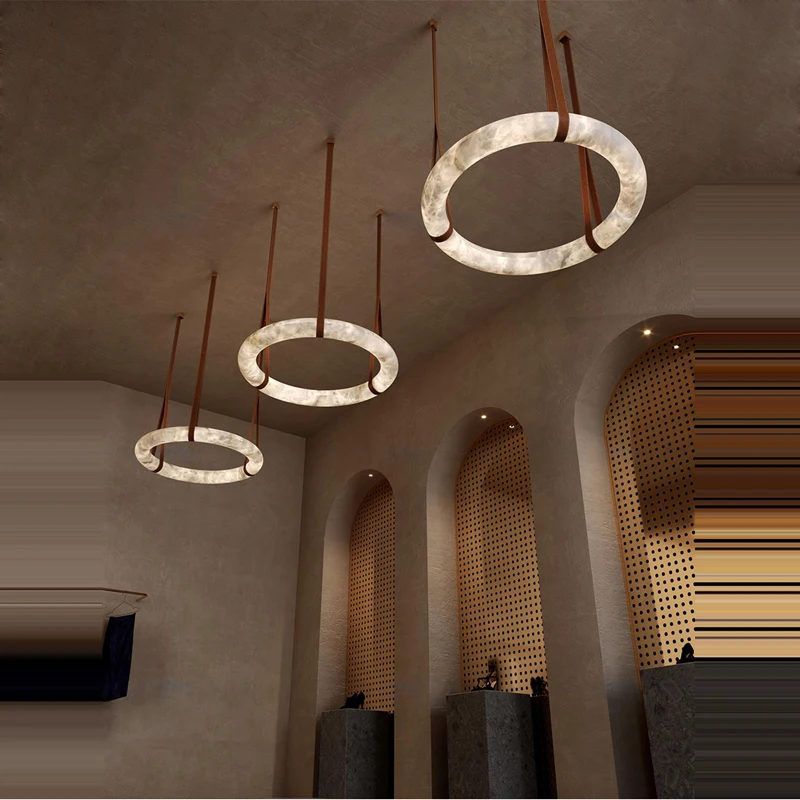 Imagem -04 - Luxo Couro Mármore Anel Ouro Led Candelabro Designer Iluminação Nova Tendência Suspensão Luminária Lâmpada para Sala de Estar 2024