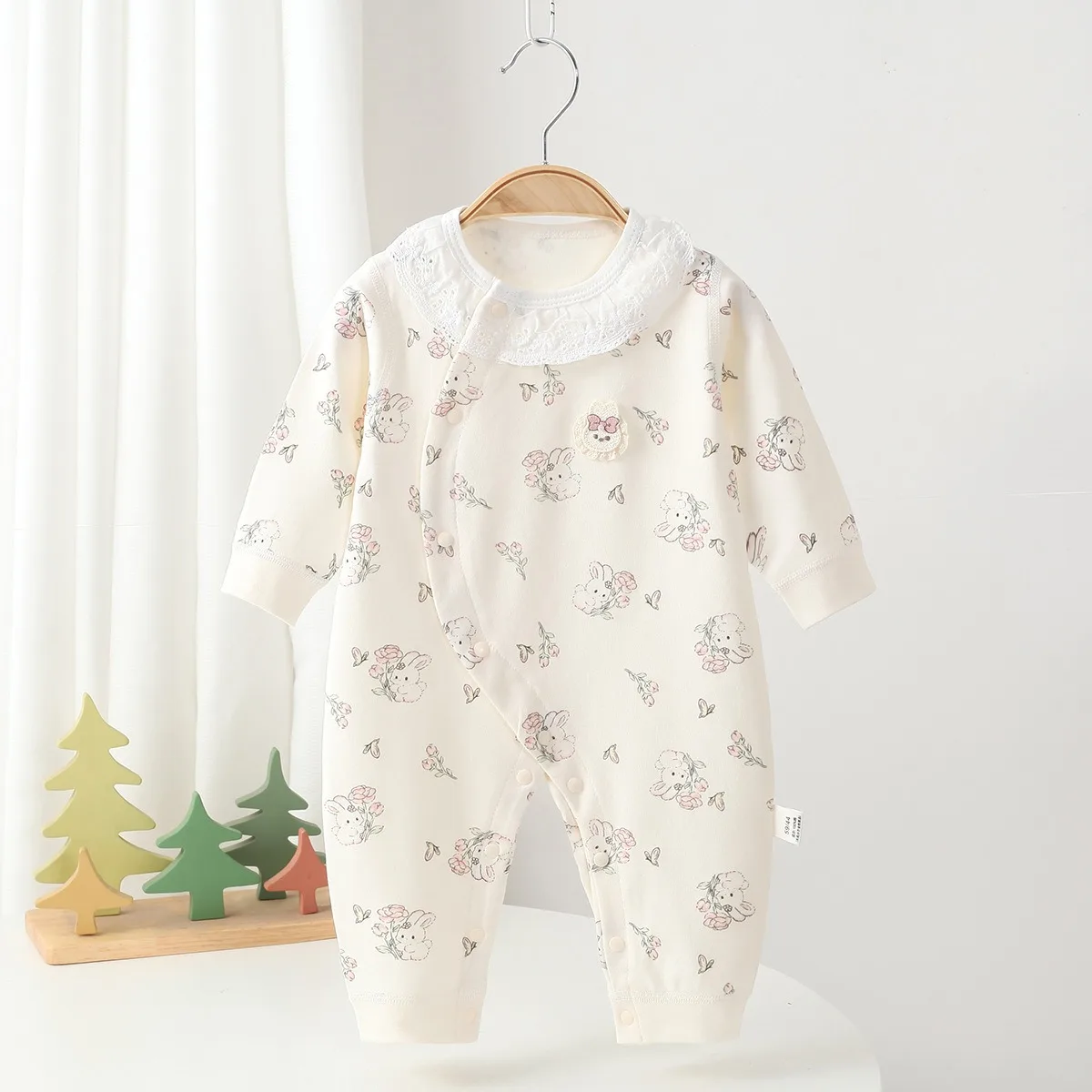 Baby Spring Fall Stylish Princess Jumpsuit 0-18M Infant Boy Girl 100% Cotton Soft Romper Newborns Lace Trim Neckline Onesie