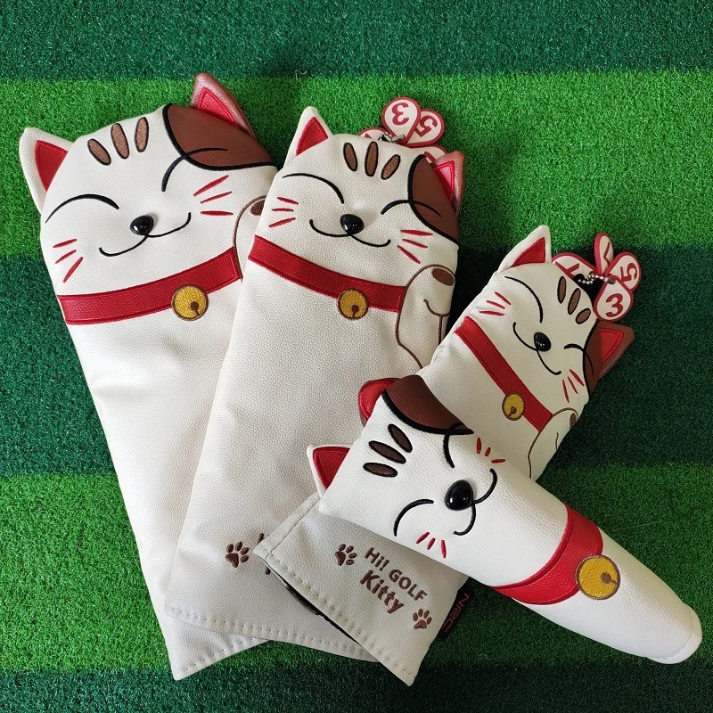 Kitty Golf Club Hybrid Fairway Driver Head Cover Lucky Cat Funny Cartoon Animal Pattern Leather Headcover Magnetic Closure