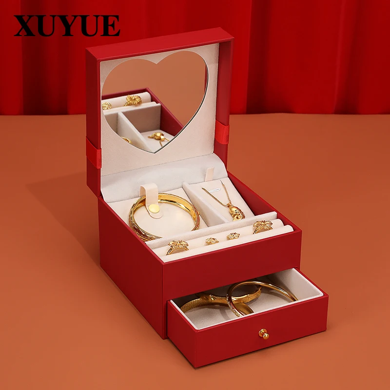 

Three-gold jewelry box Chinese red bow drawer box with mirror dowry gift jewelry storage box jewelry boxes