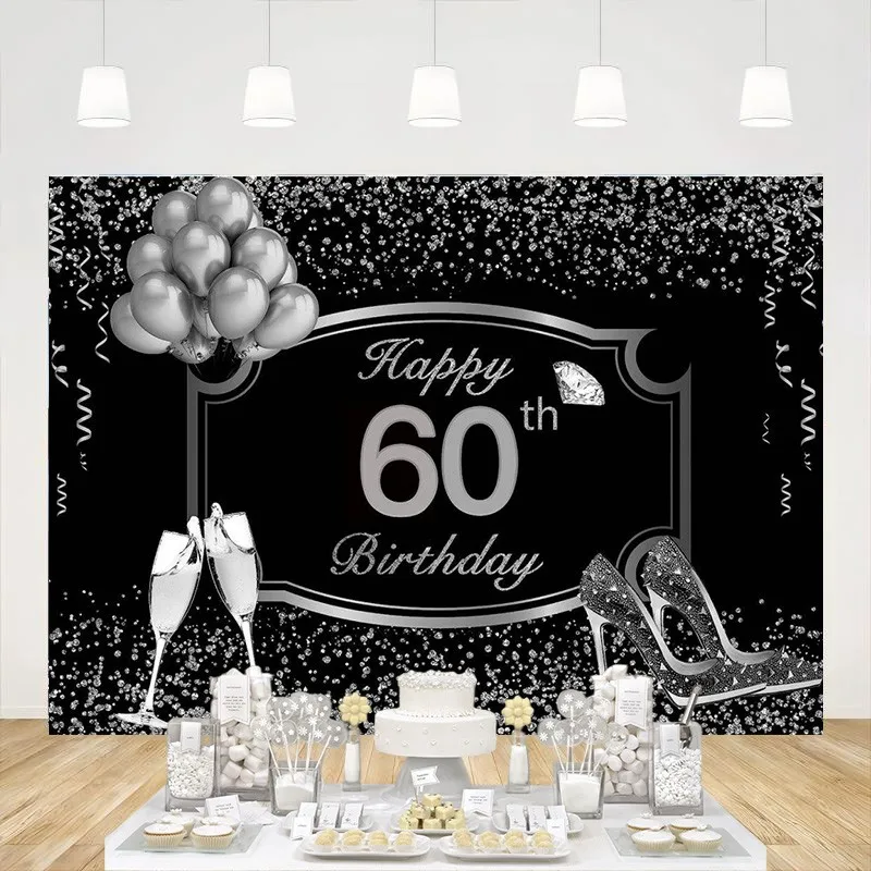 60th Birthday Photography Backdrop Silver Glitter Shiny High Heels Champagne Background Sixty Years Old Age Party Decoration