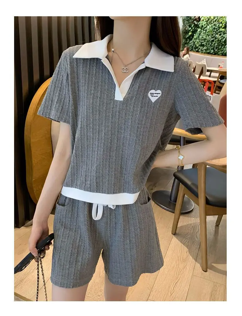 Grey POLO Collar Short Sleeved Shorts Set Women Summer Loose Fit Age Reducing Plosive Street Casual Sportswear Two-piece Set