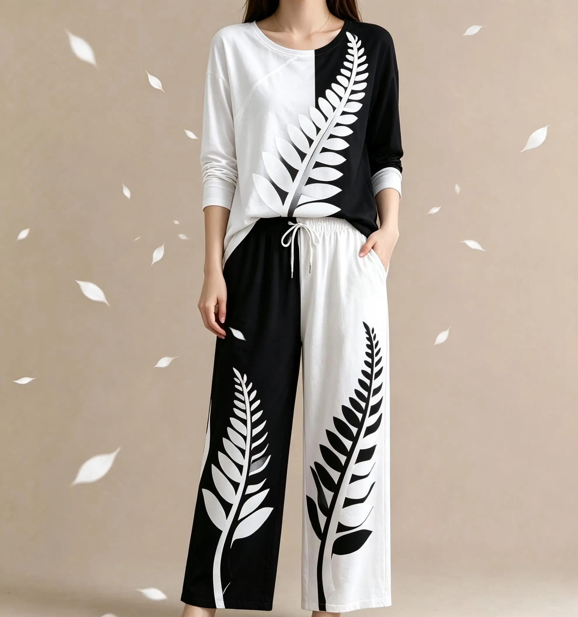 Women Imitation Cotton Pajama Set Black White Split Color Fern Leaf Print Round Neck Long Sleeve 2PCS Sleepwear Loungewear
