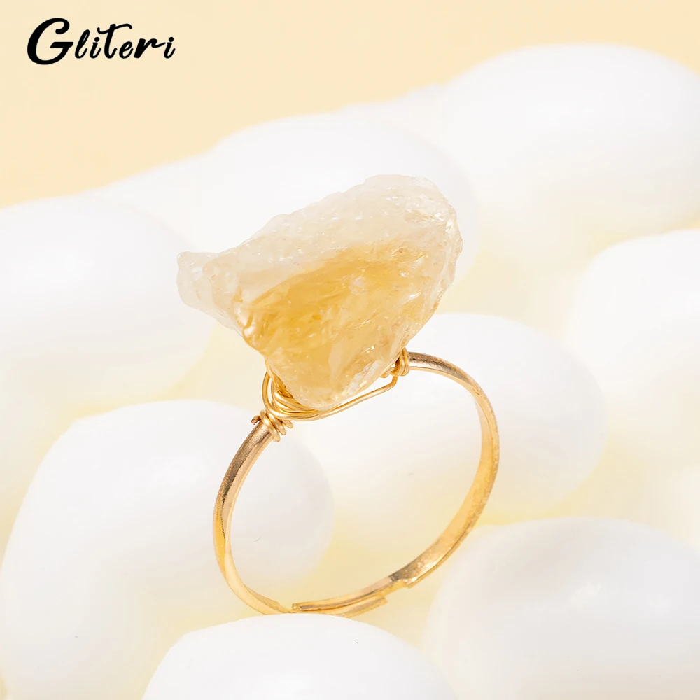 

GEITERI Fashion Irregular Yellow Crystal Rings For Women Girls Bohemia Natural Stones Adjustable Finger Ring Jewelry Party Gifts