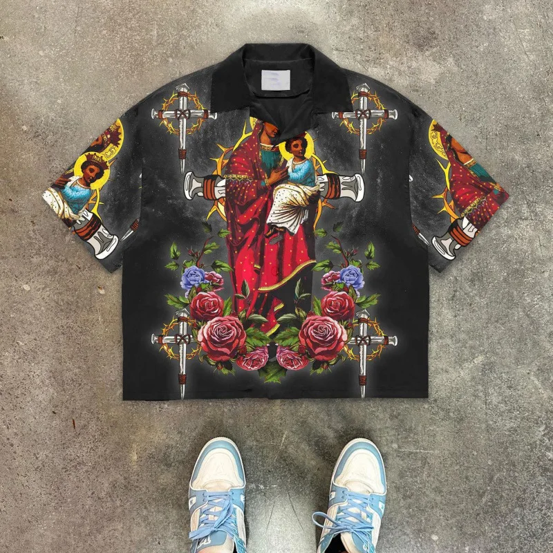 

Lapel Oversized Men Shirts With Tiki Print, Short-sleeved T-shirts For Man, Y2k Men's Summer Clothing