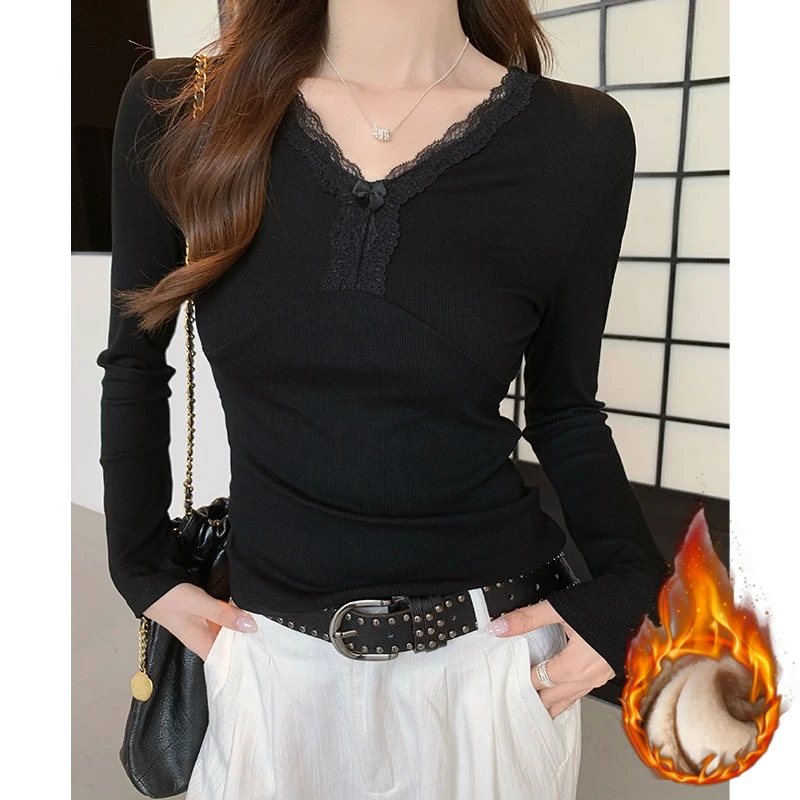 المرأة مثير الدانتيل الخامس الرقبة تي شيرت الكورية موضة سليم كل مباراة طويلة الأكمام نحى تيز الإناث الخريف الشتاء عادية الصلبة سليم #4