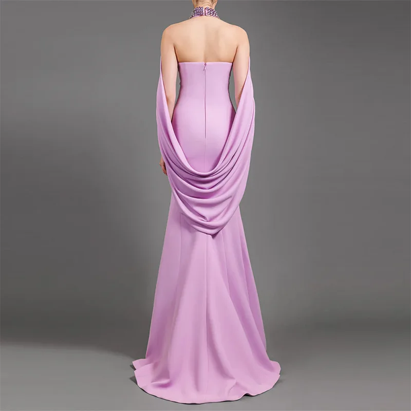 In Stock Celebrity 2025 New Elegant Heavy Beaded Halter Backless Shawl Long Dress
