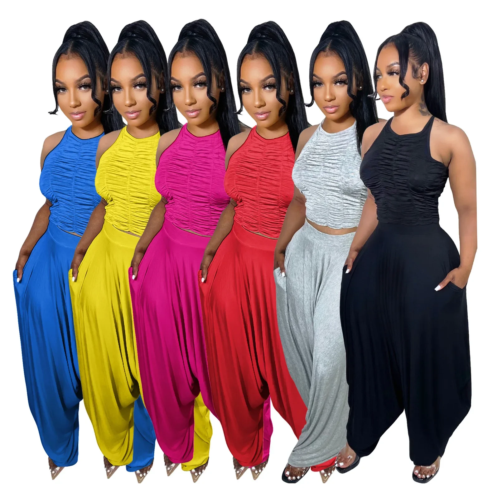

AL216 Women's Wide Leg Pants Two-piece Shrinkable Sleeveless Loose Sexy Summer