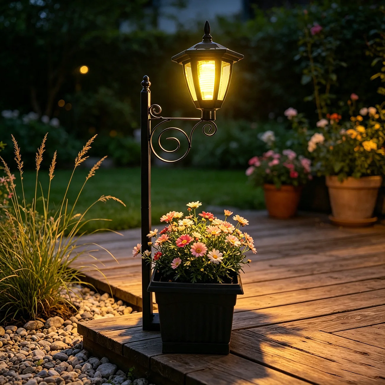 Street Lamp Ornament Solar Plastic Flower Pot Wrought Iron Outdoor Garden Decoration Night Light Multi-functional Garden Light