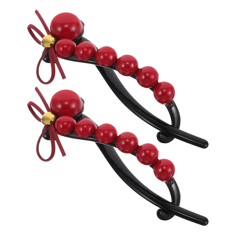 

2Pcs Red Round Bead Bowknot Twisted Braid Hair Clip Claw for Women Elegant Stylish Updo Bun Ponytail Holder Fashionable