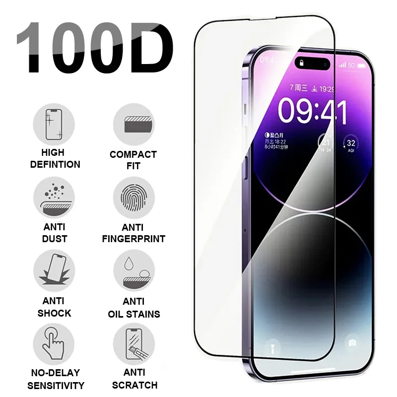 100D Full Cover Protective Glass For iPhone 14 12 11 13 15 Pro Max Tempered Screen Protector For iphone 14 15 Plus Glass Film