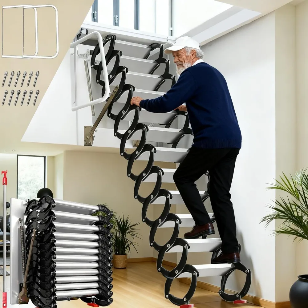 Escalera tipo loft extraíble para ático de aleación Al-Mg - Sistema extraíble de escalera para ático montada en la pared de 12 escalones - Capacidad de 1102 LBS