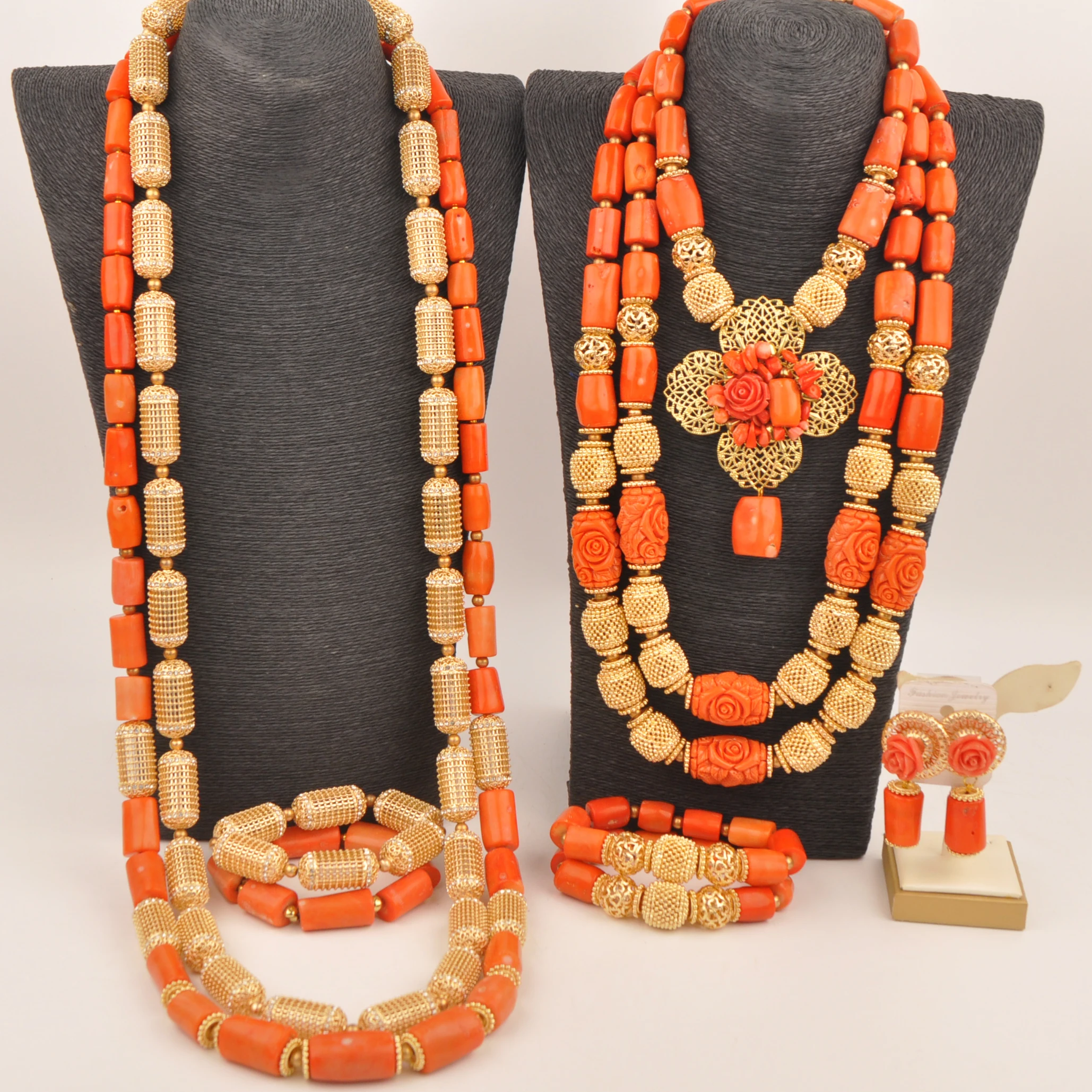 

Fashion Orange African Necklace Nigerian Wedding Couple Jewelry Sets