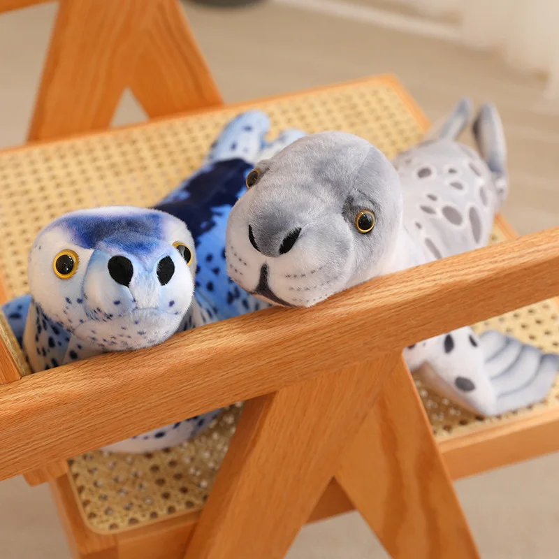 Like Real Seal Doll Plush Toy Stuffed Grey Blue Aquatic Animal with Football on Head Cute Plushie Birthday Gift