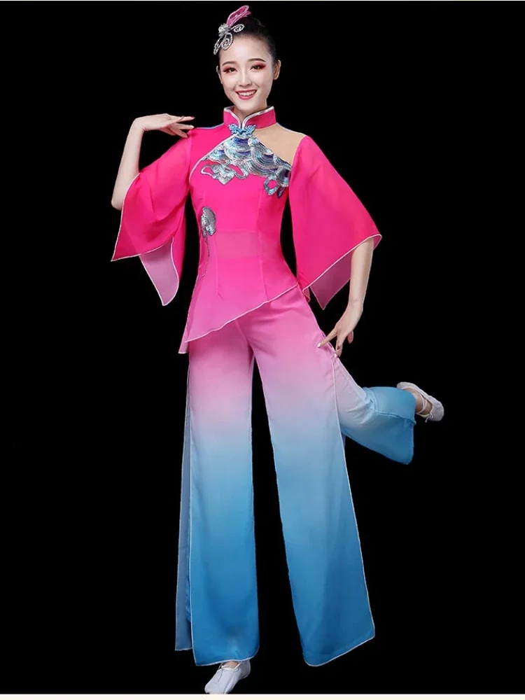 Estilo chinês guarda-chuva étnico dança yangko trajes de dança clássica elegante fã dança traje hanfu roupas desempenho palco