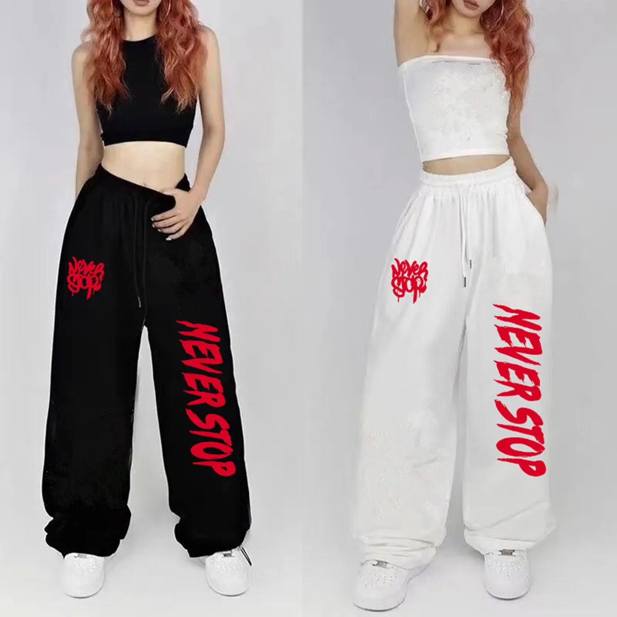 Pantalones de chándal con diseño de cordón en blanco y negro para mujer, pantalones deportivos de baile callejero de Hip-hop para mujer, pantalones largos que combinan con todo, novedad de verano