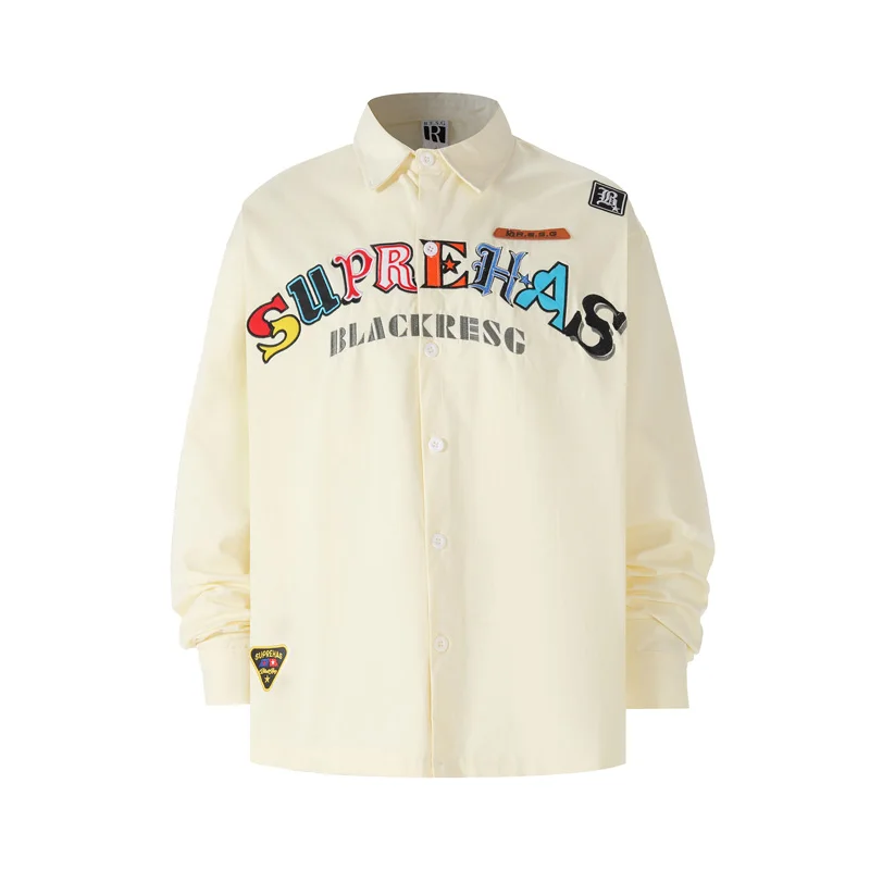 Colorful Embroidery Letters Badge Long Sleeve Shirt Men Women Streetwear Casual Loose V-shape Blouse Leather Label Clothes