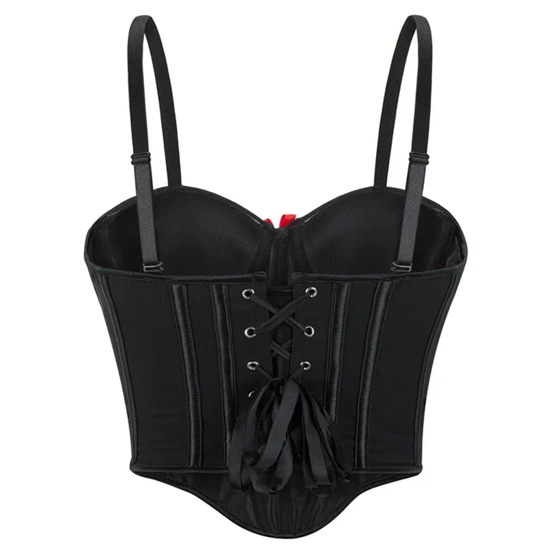 

Сексуальный черный корсет в стиле ретро, укороченные топы, бюстье на бретельках, жилет, популярная уличная одежда для девочек, бюстгальтер с чашкой, формирователь камзола, нижнее белье в форме рыбьей кости