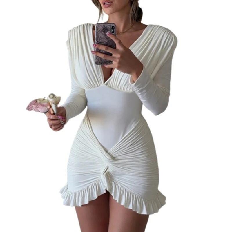 2025 Summer Sexy V Neck Bodycon Long Sleeve Dress Women Solid Color Wrap Waist Ruffle Dress