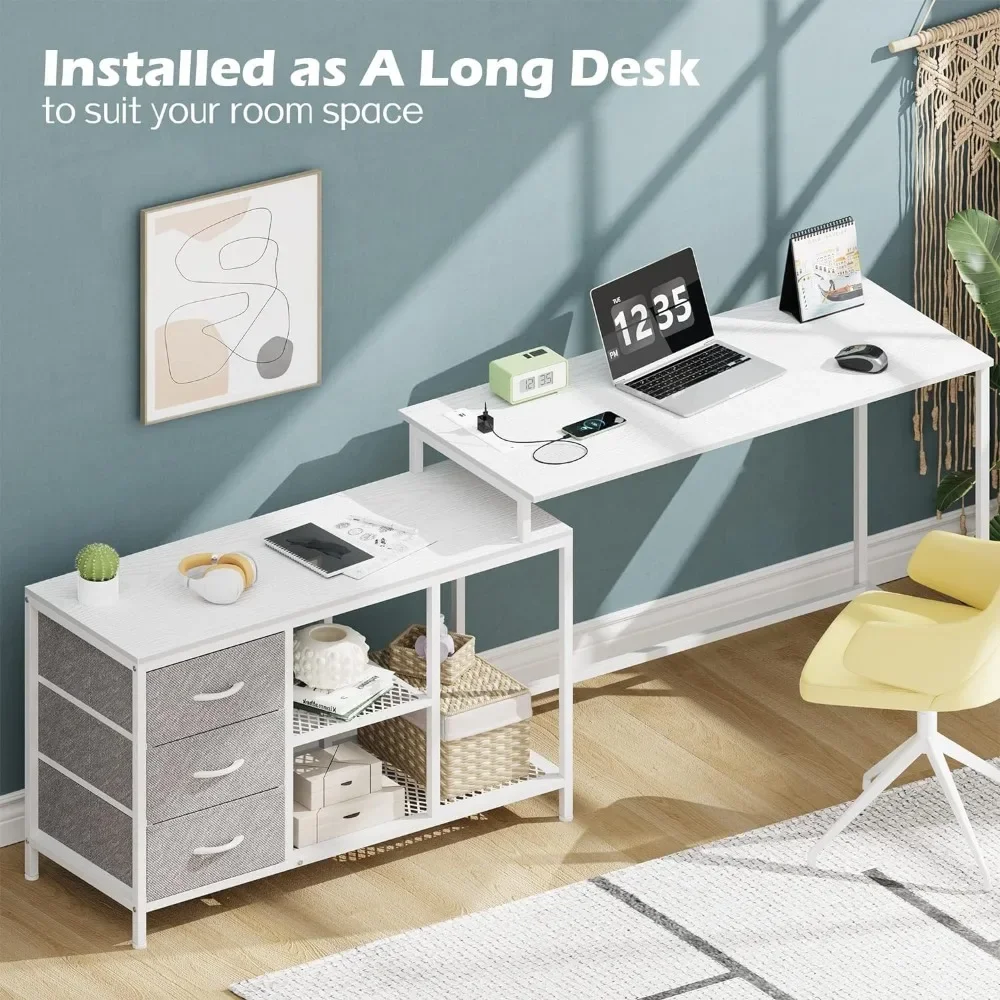 Standing Desk with Power Outlets, Corner Desk with Drawers & Shelves, Office Table