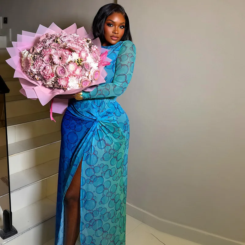 Women's Bodycon Maxi Dress Fall Spring Fashion Long Sleeve Floral Print Tight Fitted Party Club Ruched Dresses