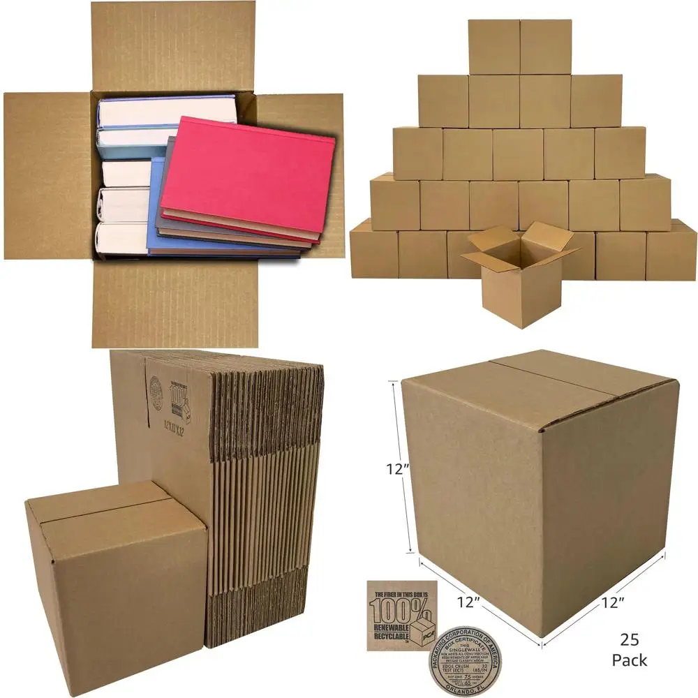 

Набор из 25 средних коричневых картонных коробок для отправки, хранения и упаковки, размер 12x12x12 дюймов