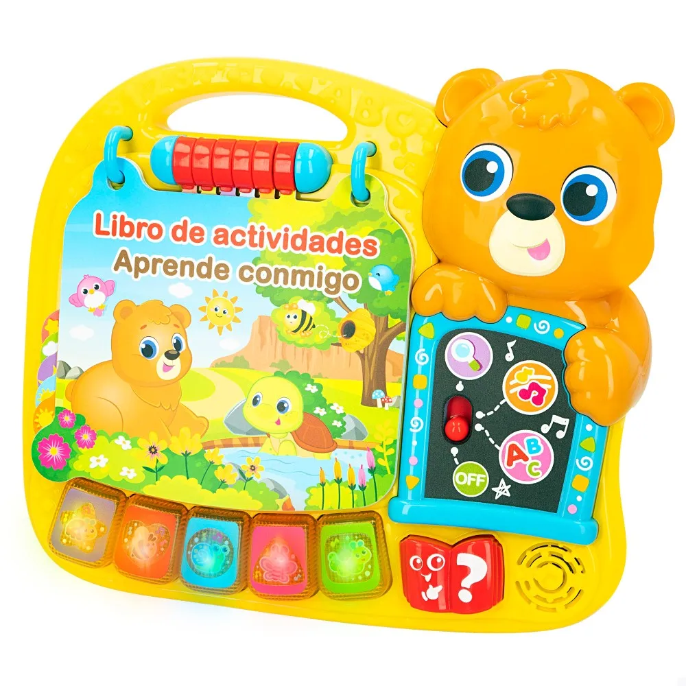 Winpun light and sound interactive bear activity book, 3 game modes, 76 Spanish words and phrases, 34 sound effects, 18 songs and melodies and 3 activities, learning toys, baby gift