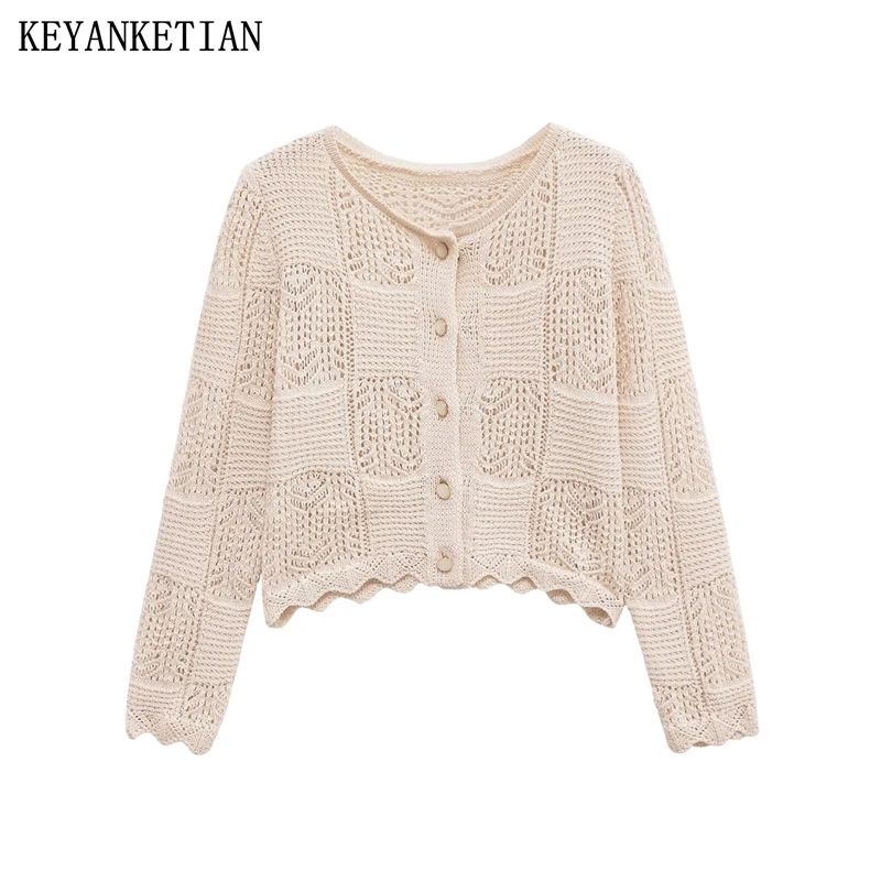 

KEYANKETIAN 2025 Autumn New Women's Hollow out Jacquard Crochet Knit Cardigans Sweet style O-Neck Single Breasted Short Sweater