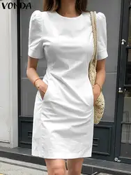 VONDA Fashion Mini Dress 2024 Women Solid Casual A-Line O-Neck Pocket Sundress Femme Slim Short Sleeve Office Robe Oversized