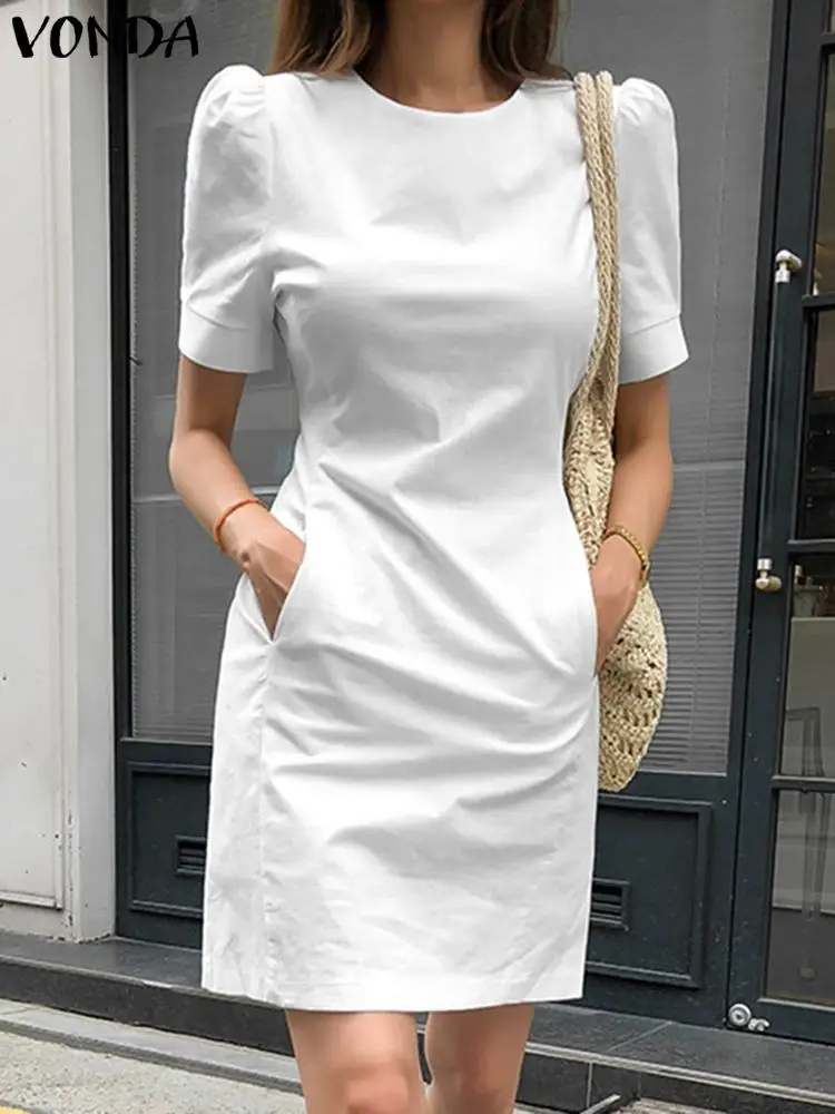 VONDA Fashion Mini Dress 2024 Women Solid Casual A-Line O-Neck Pocket Sundress Femme Slim Short Sleeve Office Robe Oversized