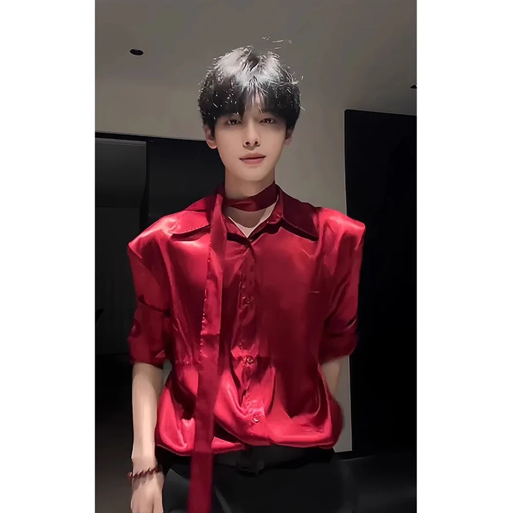 2026 Men Burgundy Satin Long Sleeve Shirt Padded Shoulder With Ribbon Detail High Grade Chic Handsome Loose Button Up Outerwear