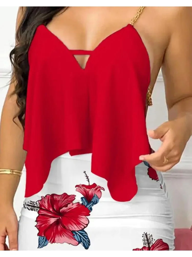 Summer Women's Sexy Party Skirt Set Solid Color V-neck Asymmetric Ruffle Chain Belt Bareback Strap Top Ruffle Mini Hip Wrap