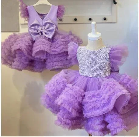 Luxe Veren Parel Bloem Meisje Jurken Baby Baljurk Verjaardagsfeestjurk Voor Meisjes Tule Lagen Glitter Kids Optocht Jurk