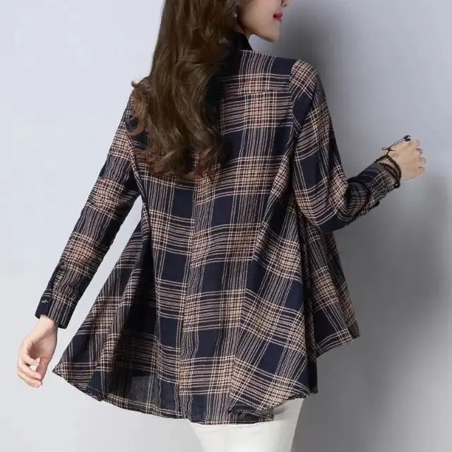 Korean Fashion Asymmetrical Plaid Shirt Women Clothing 2022 Autumn New Casual Commuter All-match Lapel Long Sleeve Loose Blouses