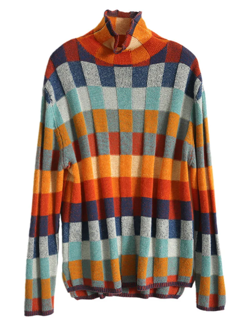 Neploe Gorgeous Colorful Checkerboard Checkered Knitted Sweater 2024 Autumn Winter High Neck Lazy Style Slim Outer Wear Pullover