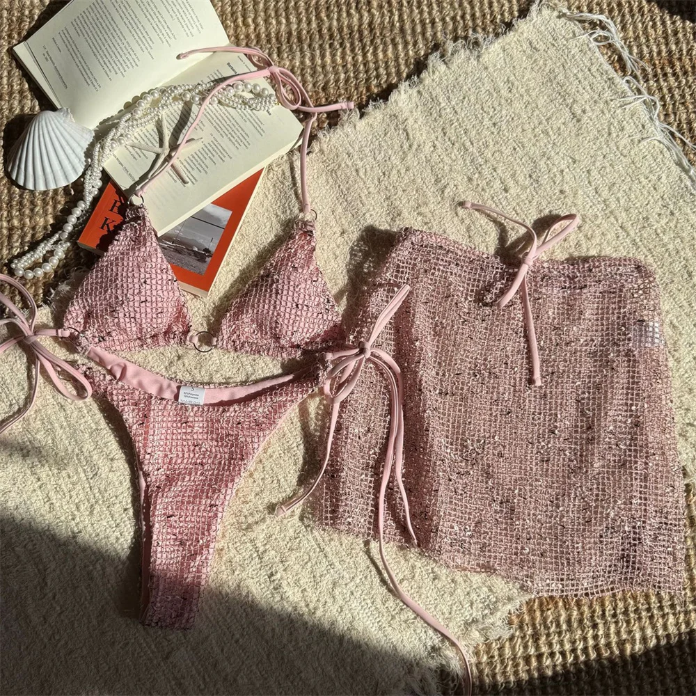 

Сексуальный розовый бикини, сетчатый полый купальник, юбка-стринги, пляжная одежда из трех предметов, бразильский наряд, женский купальник для отпуска, купальный костюм