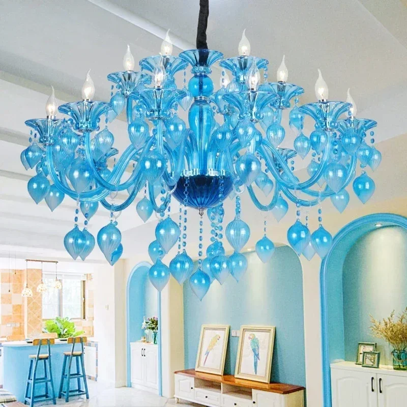 

European Crystal Pendent Lamp Blue Candle Lamp Luxury Art Living Room Restaurant BedroomVilla Hotel KTV Chandelier