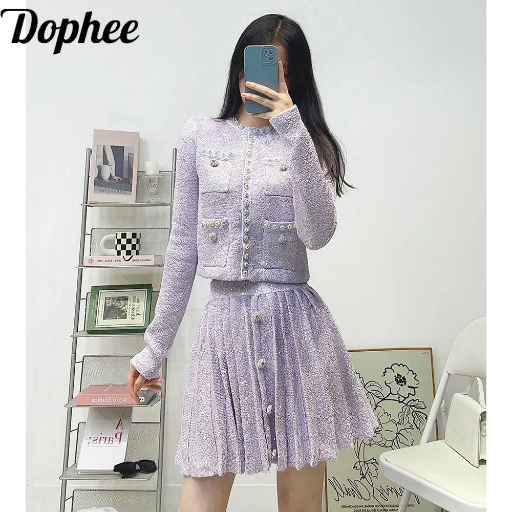 High Quality Autumn Women Two-piece Set Purple Sequins Beads Drill Button Knitted Cardigans Coat + Short Pleated Skirt Suit 2024