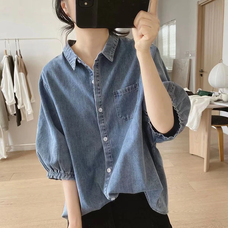 

Fashion Lapel Button Pockets Lantern Sleeve Denim Shirts Female Clothing 2024 Summer New Loose All-match Tops Casual Blouses